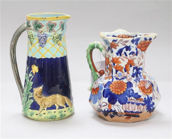 A Victorian majolica jug and Masons jug